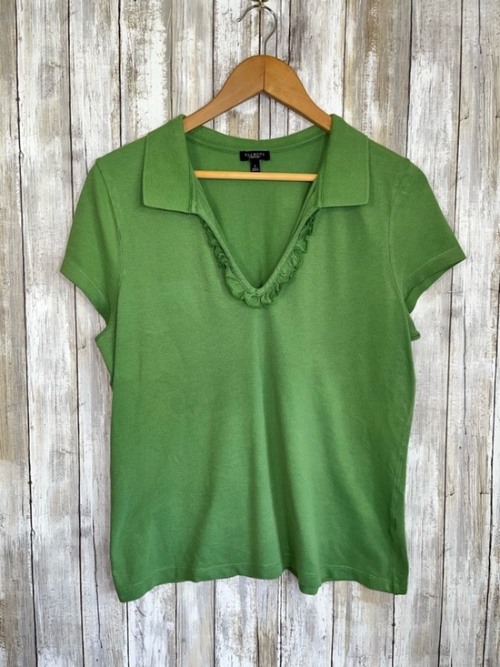 Tops - Talbots Green Ruffle V-Neck Polo Top Women’s Large Stretch Knit Shirt